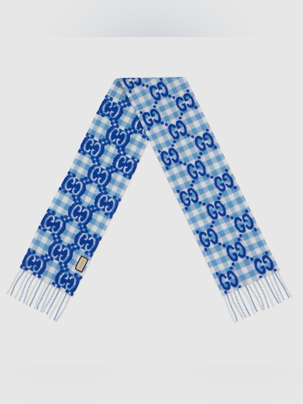 New with box Gucci Blue and White GG Check Wool Scarf 6.3"W x 55"H